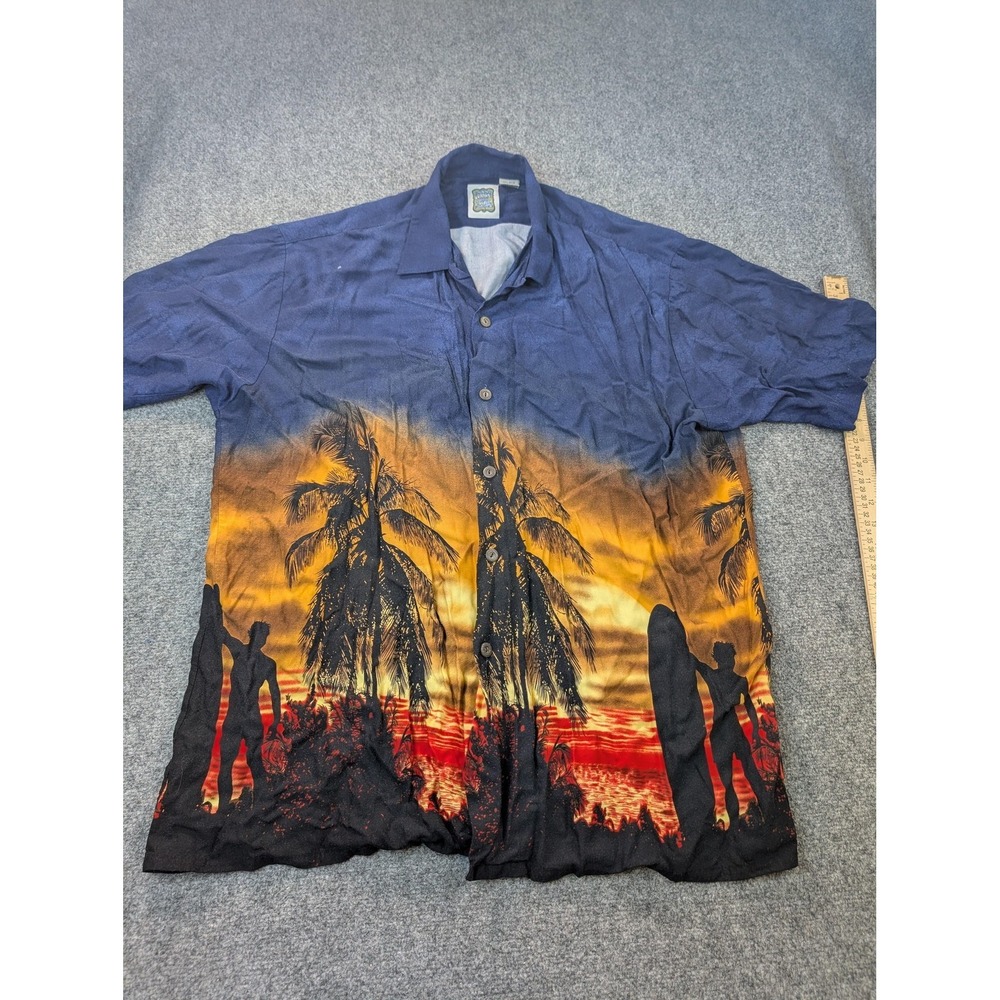 Ocean Current Shirt Mens XL Blue Hawaiian Sunset Short Sleeve Button Up Beach